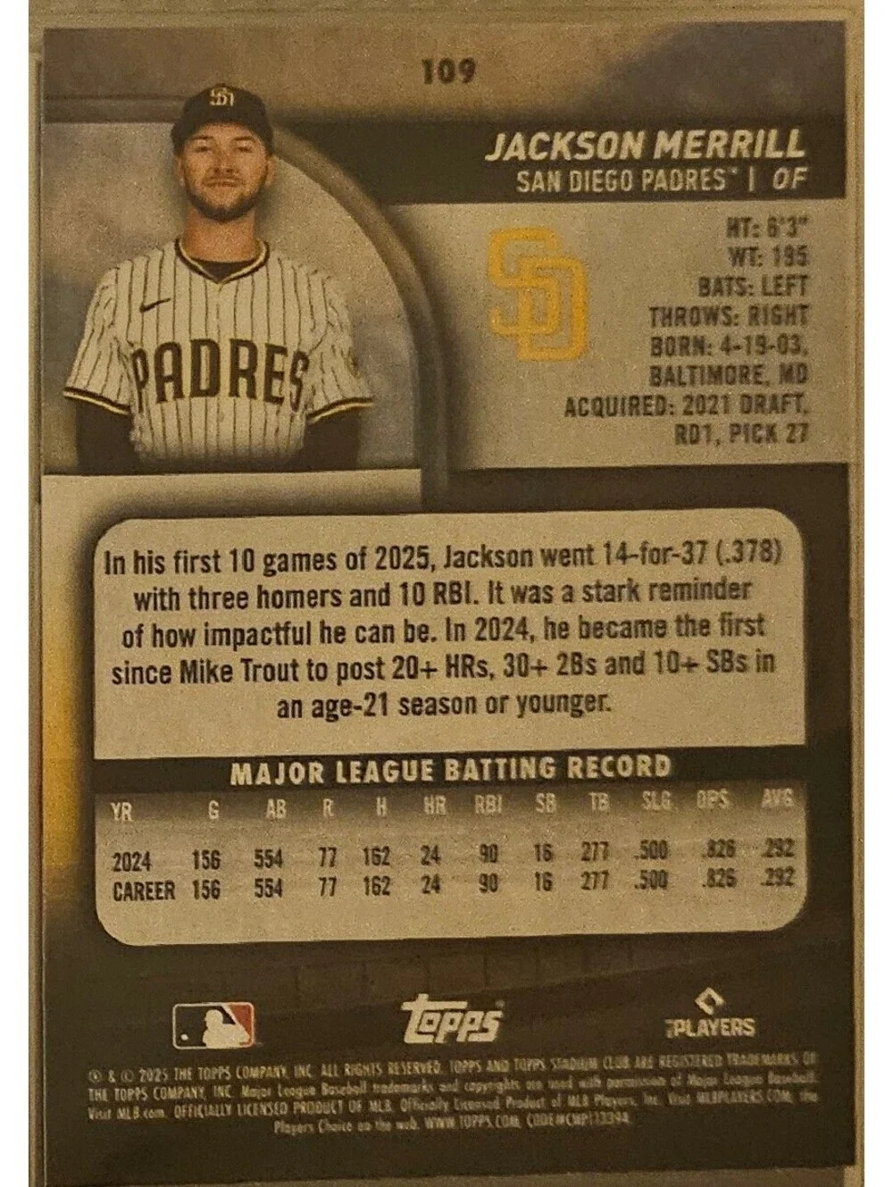 2025 Stadium Club #109 Jackson Merrill San Diego Padres